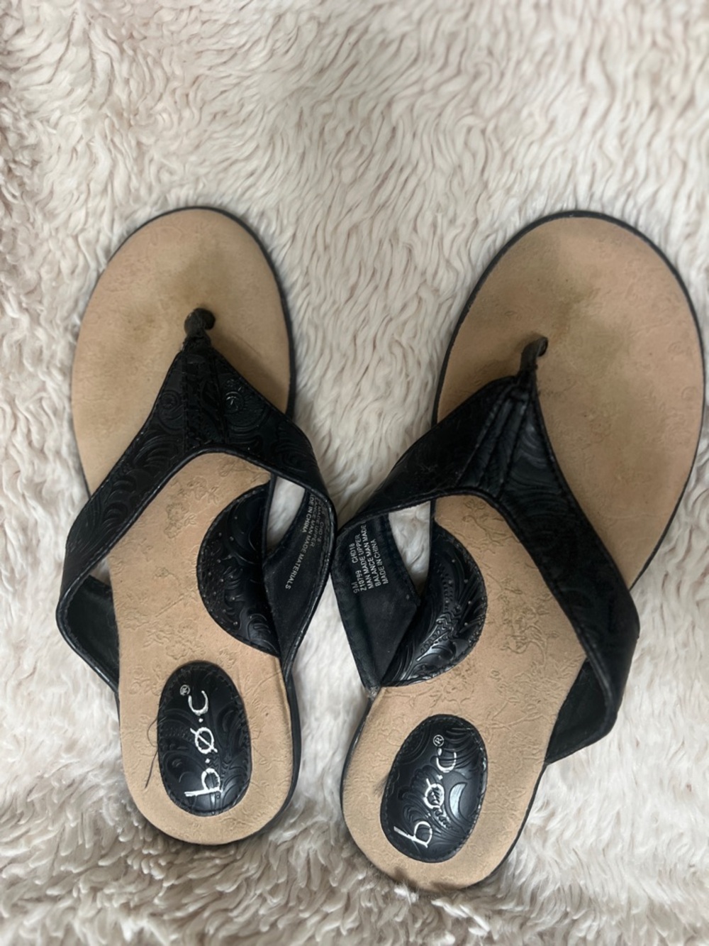 b.o.c. Black Embossed Thong Sandals with Tan Footbed